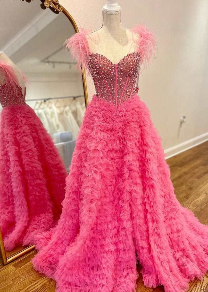 A-line Off the Shoulder Tie Tulle Prom Dresses with Slit