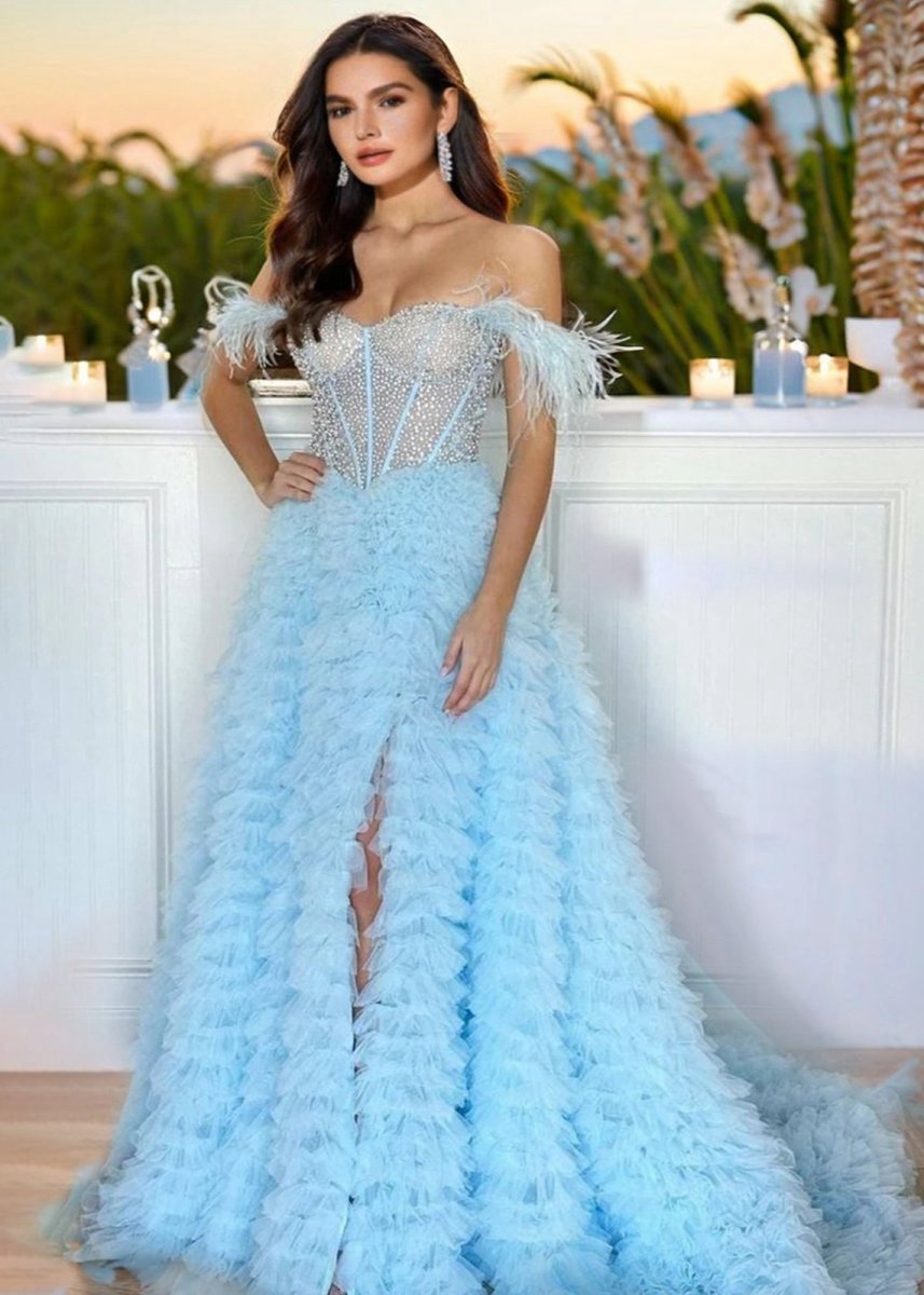 A-line Off the Shoulder Tie Tulle Prom Dresses with Slit