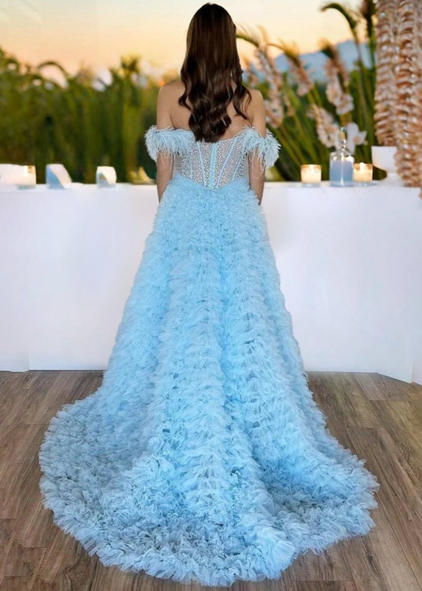 A-line Off the Shoulder Tie Tulle Prom Dresses with Slit