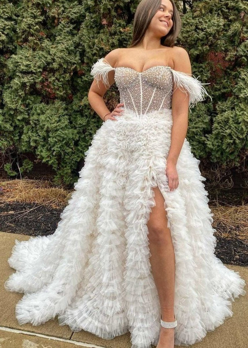 A-line Off the Shoulder Tie Tulle Prom Dresses with Slit