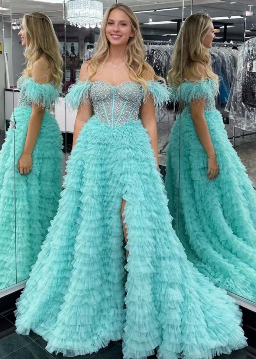 A-line Off the Shoulder Tie Tulle Prom Dresses with Slit