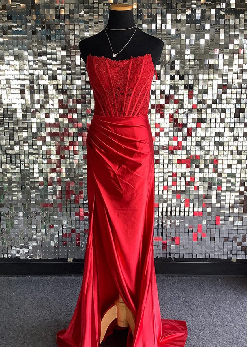 Sheath Strapless Corset Satin Prom Dresses with Slit