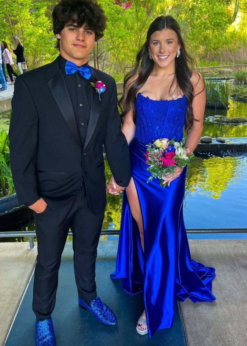 Sheath Strapless Corset Satin Prom Dresses with Slit