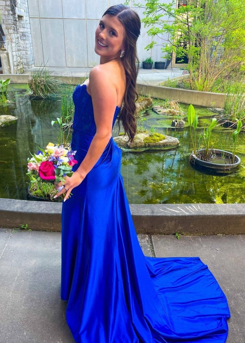 Sheath Strapless Corset Satin Prom Dresses with Slit