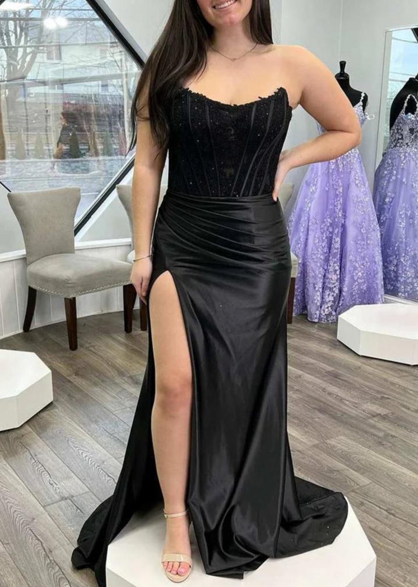 Sheath Strapless Corset Satin Prom Dresses with Slit