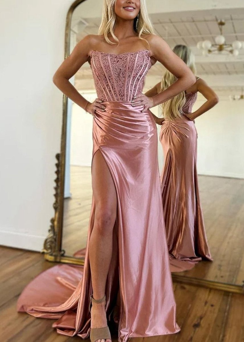 Sheath Strapless Corset Satin Prom Dresses with Slit