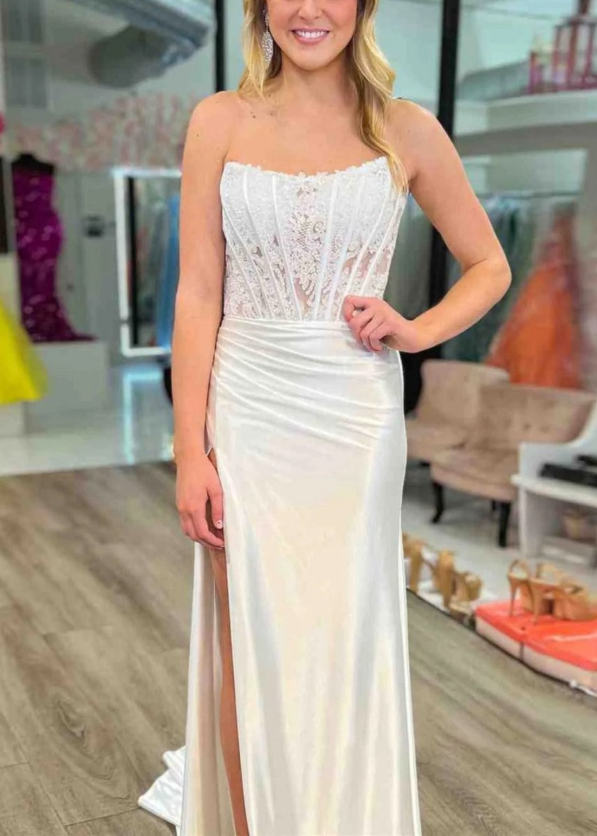 Sheath Strapless Corset Satin Prom Dresses with Slit