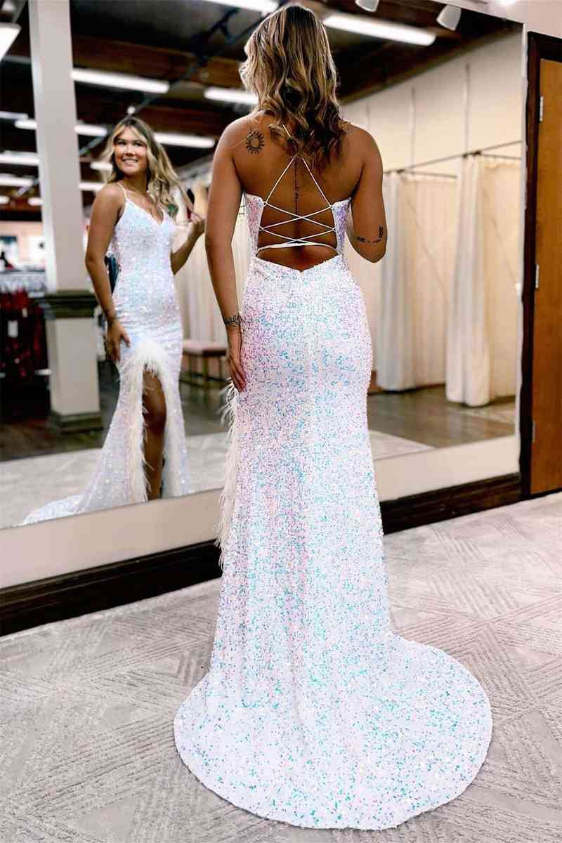 Mermaid V Neck Sequins Long Prom Dresses with Slit