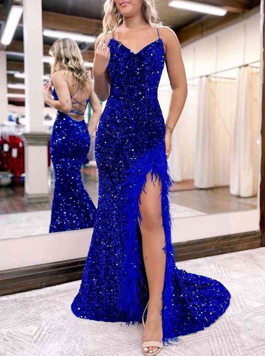 Mermaid V Neck Sequins Long Prom Dresses with Slit