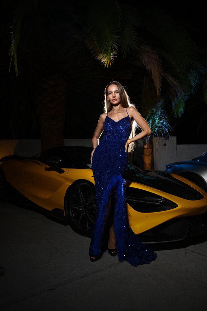 Mermaid V Neck Sequins Long Prom Dresses with Slit