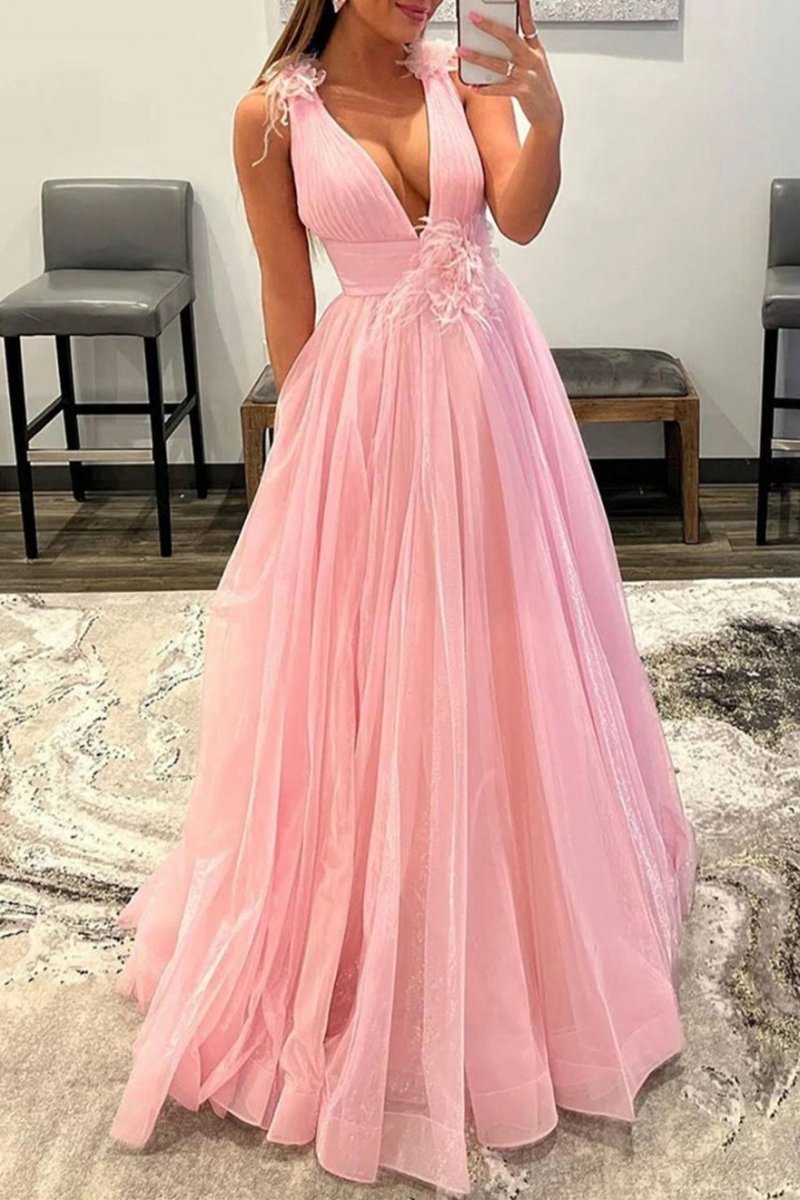 Feathers Backlesss Plunging V-Neck Tulle Long Formal Dresses