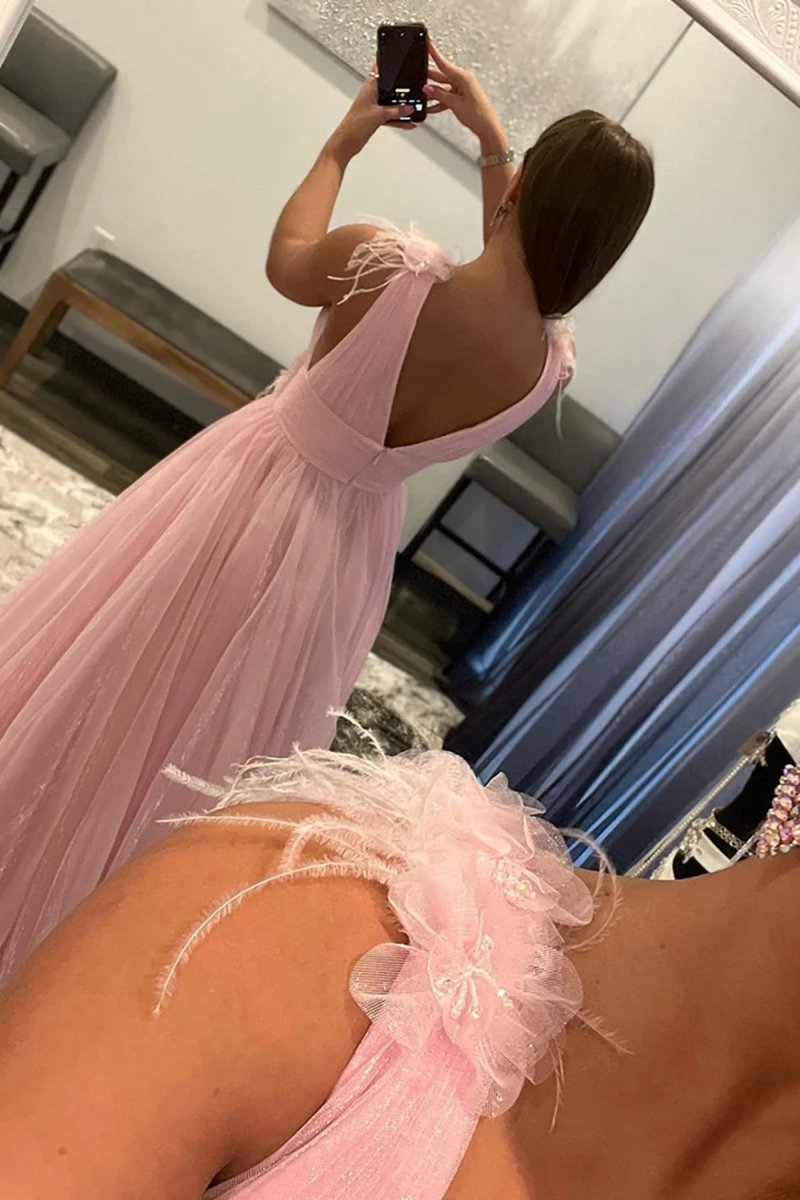 Feathers Backlesss Plunging V-Neck Tulle Long Formal Dresses