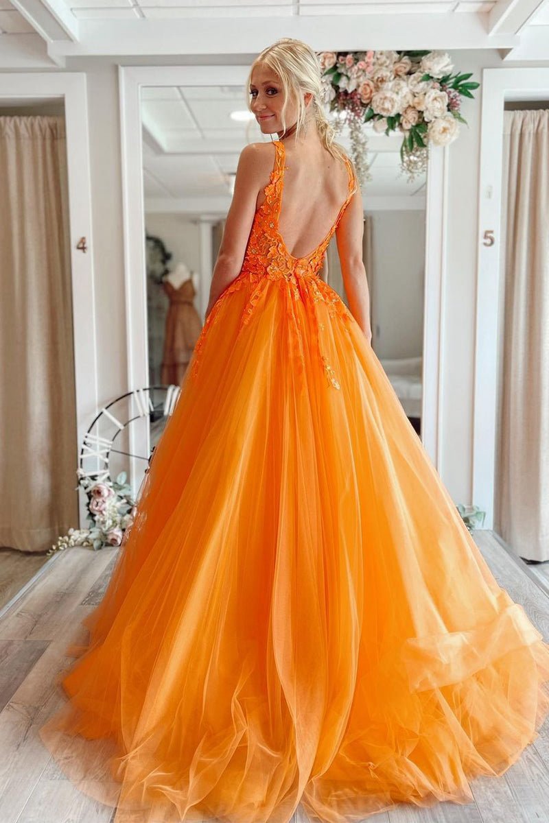 A-line V-Neck Long Tulle Prom Dresses with Appliques