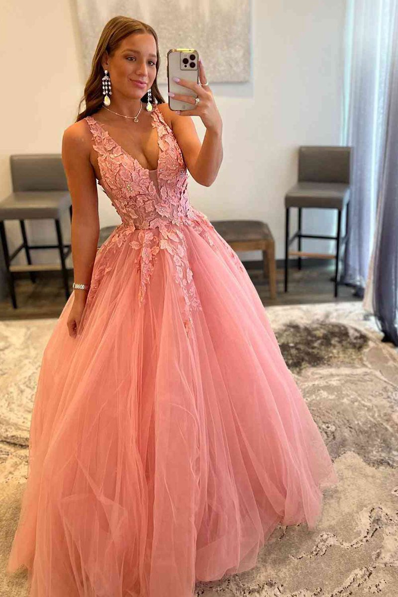 A-line V-Neck Long Tulle Prom Dresses with Appliques