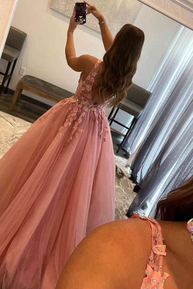 A-line V-Neck Long Tulle Prom Dresses with Appliques