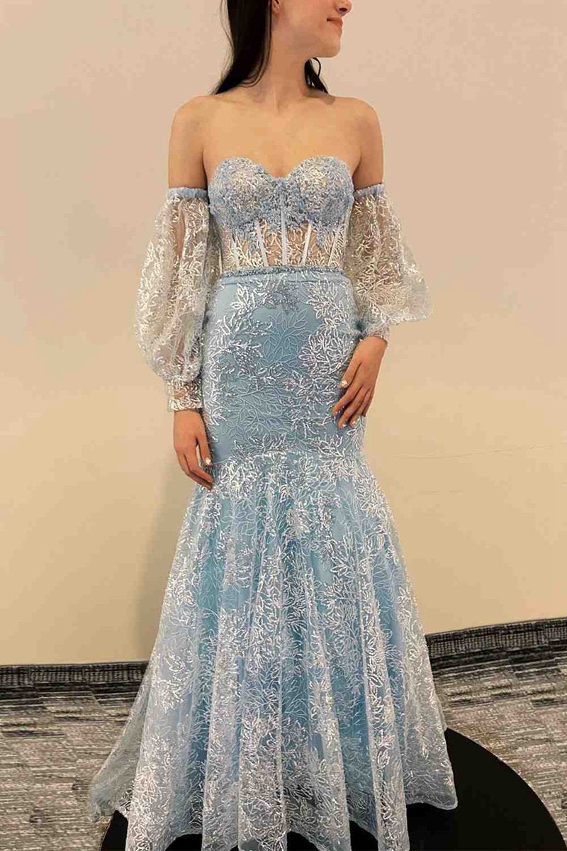 Peach Sweetheart Sheer Lace Corset Mermaid Prom Dresses