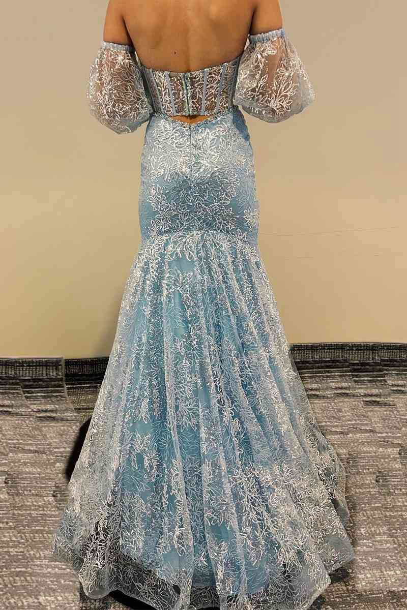Peach Sweetheart Sheer Lace Corset Mermaid Prom Dresses
