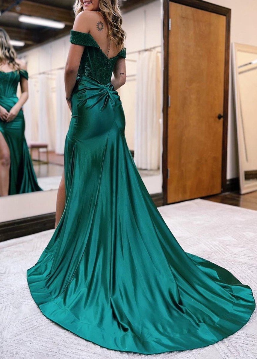 Mermaid Off the Shoulder Satin Prom Dresses with Slit