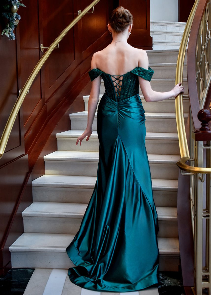 Mermaid Off the Shoulder Satin Prom Dresses with Slit