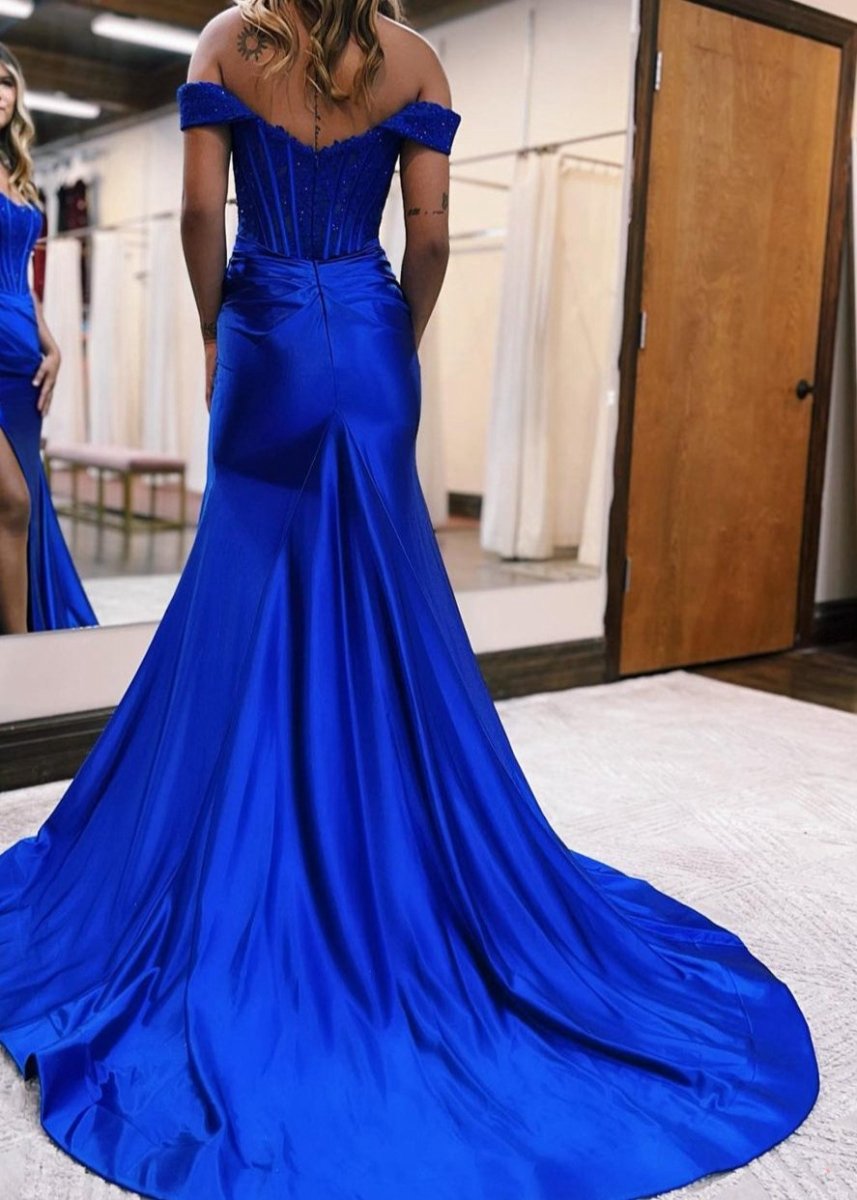 Mermaid Off the Shoulder Satin Prom Dresses with Slit
