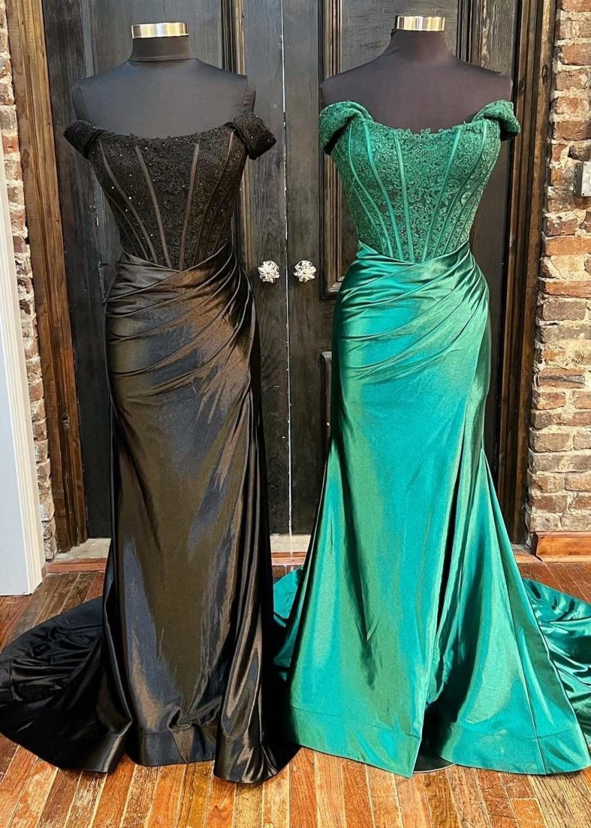 Mermaid Off the Shoulder Satin Prom Dresses with Slit