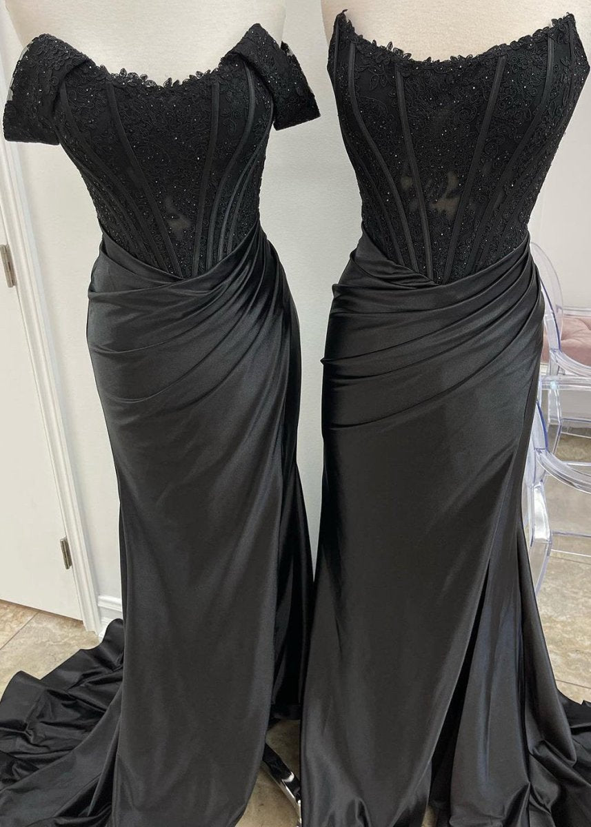 Mermaid Off the Shoulder Satin Prom Dresses with Slit