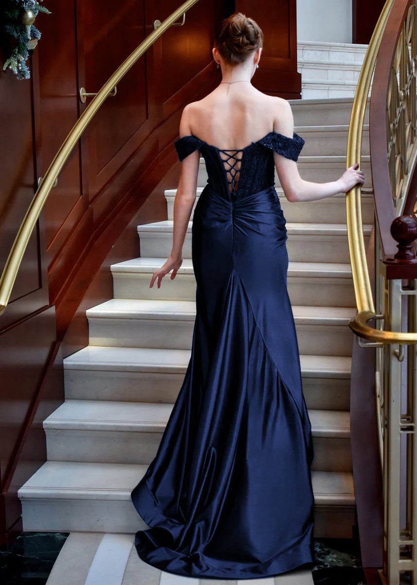 Mermaid Off the Shoulder Satin Prom Dresses with Slit