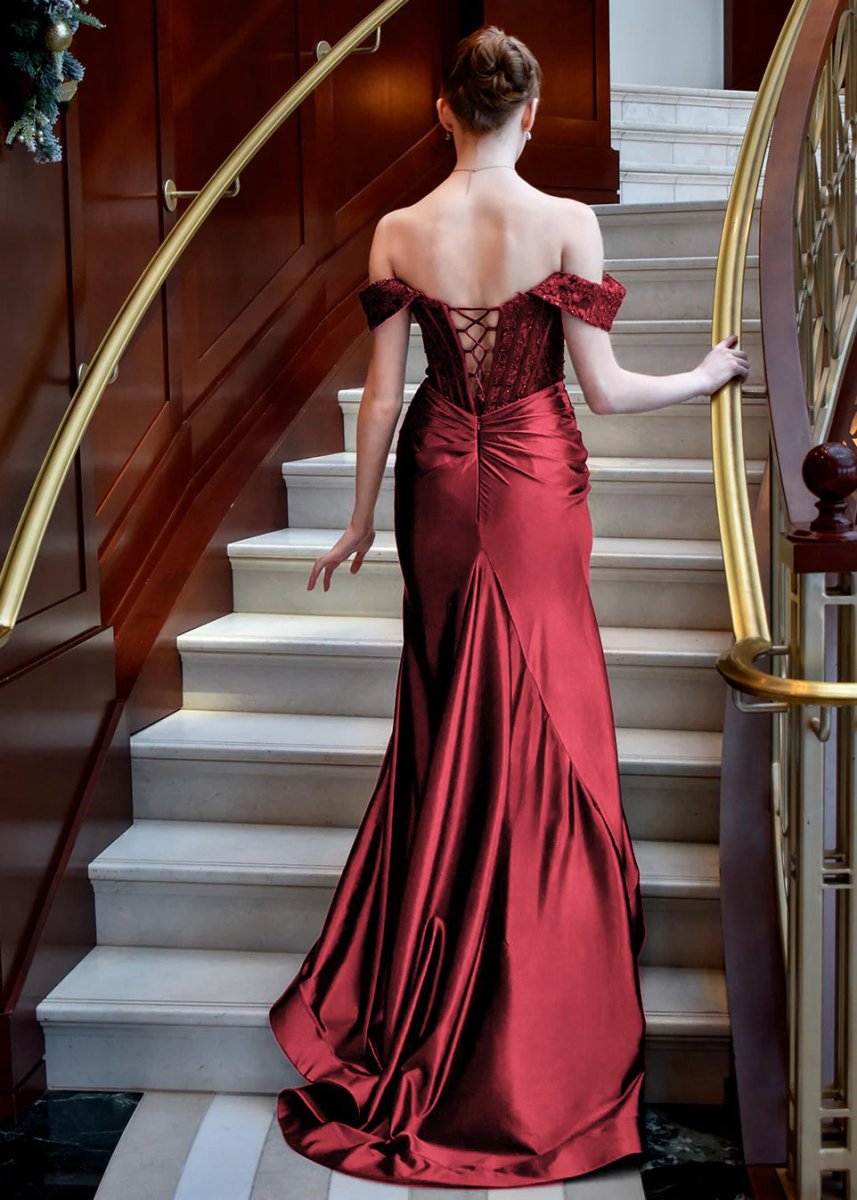 Mermaid Off the Shoulder Satin Prom Dresses with Slit