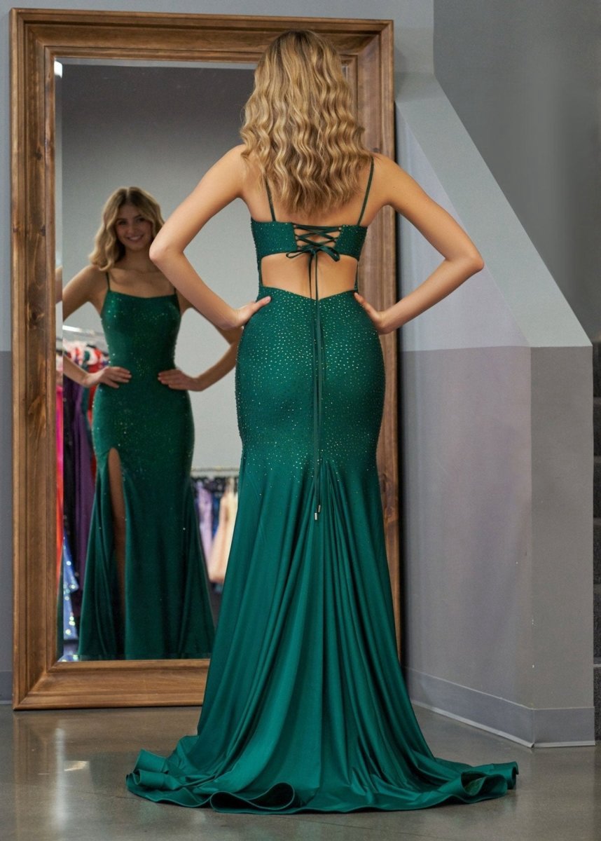 Mermaid Spaghettti Strap Beaded Satin Prom Dresses with Slit
