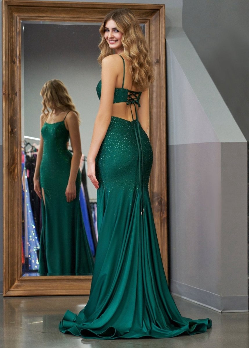 Mermaid Spaghettti Strap Beaded Satin Prom Dresses with Slit