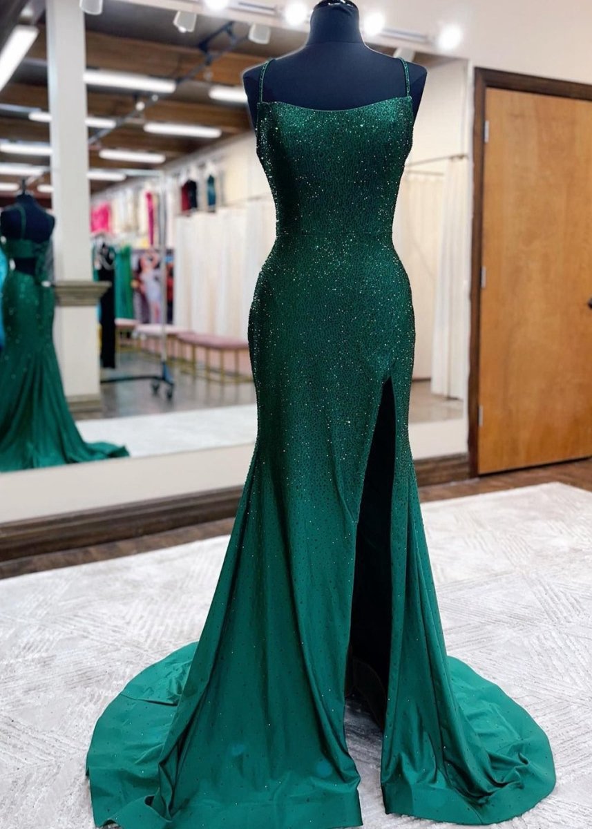 Mermaid Spaghettti Strap Beaded Satin Prom Dresses with Slit