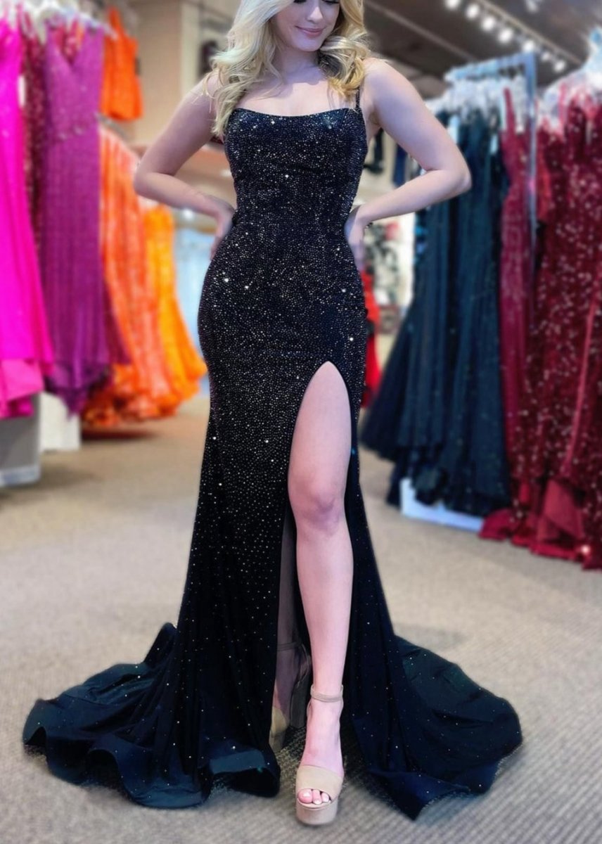 Mermaid Spaghettti Strap Beaded Satin Prom Dresses with Slit