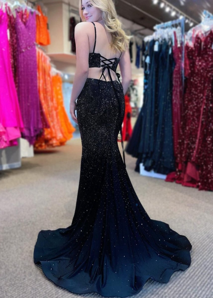 Mermaid Spaghettti Strap Beaded Satin Prom Dresses with Slit