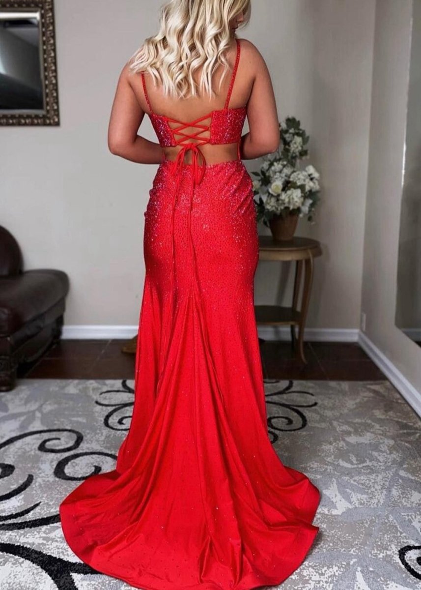 Mermaid Spaghettti Strap Beaded Satin Prom Dresses with Slit