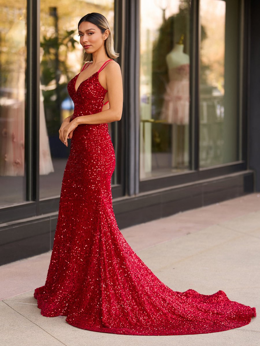 Sparkly Mermaid Sequins Long Backless Prom Dresses