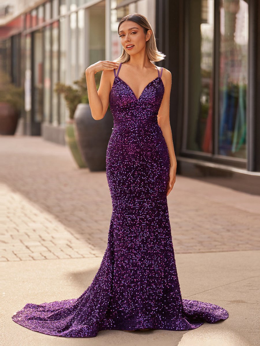Sparkly Mermaid Sequins Long Backless Prom Dresses