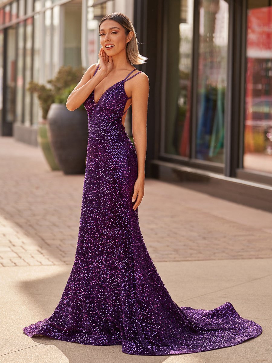 Sparkly Mermaid Sequins Long Backless Prom Dresses