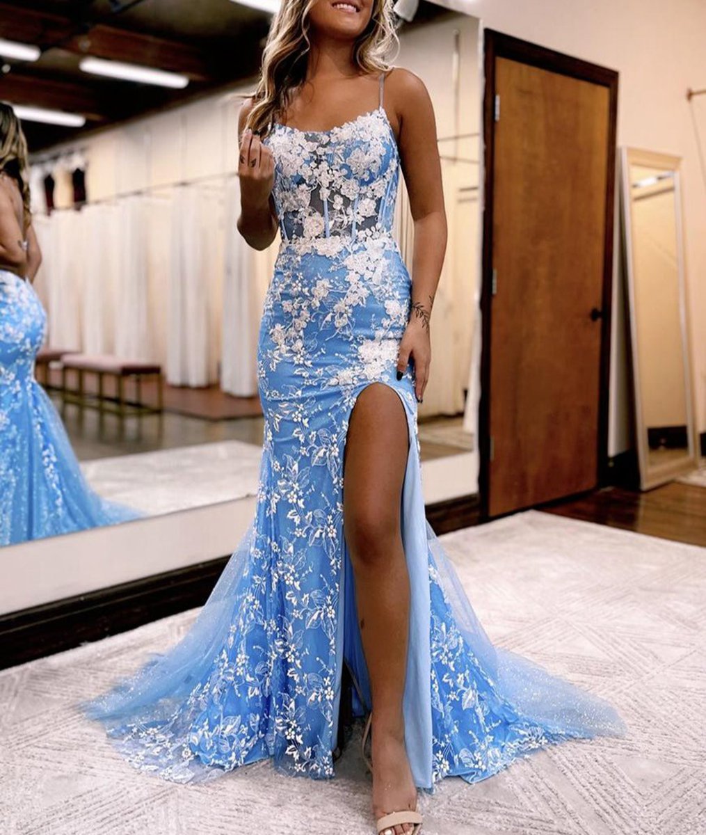 Mermaid Spaghetti Straps Lace Tulle Prom Dresses with Slit