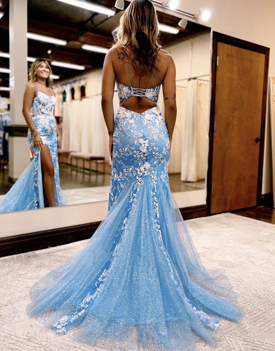 Mermaid Spaghetti Straps Lace Tulle Prom Dresses with Slit