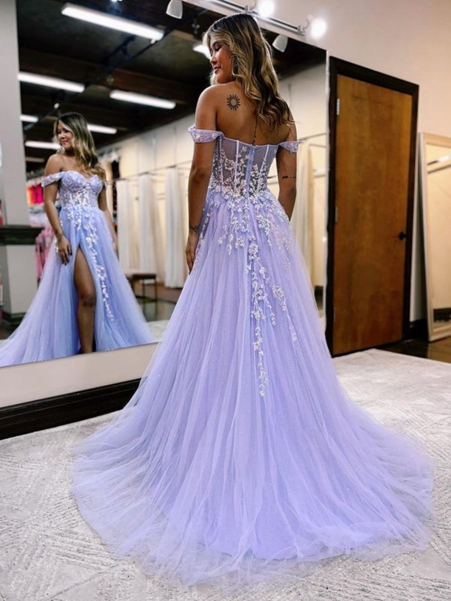 A-line Off the Shoulder Lace Tulle Prom Dresses with Slit