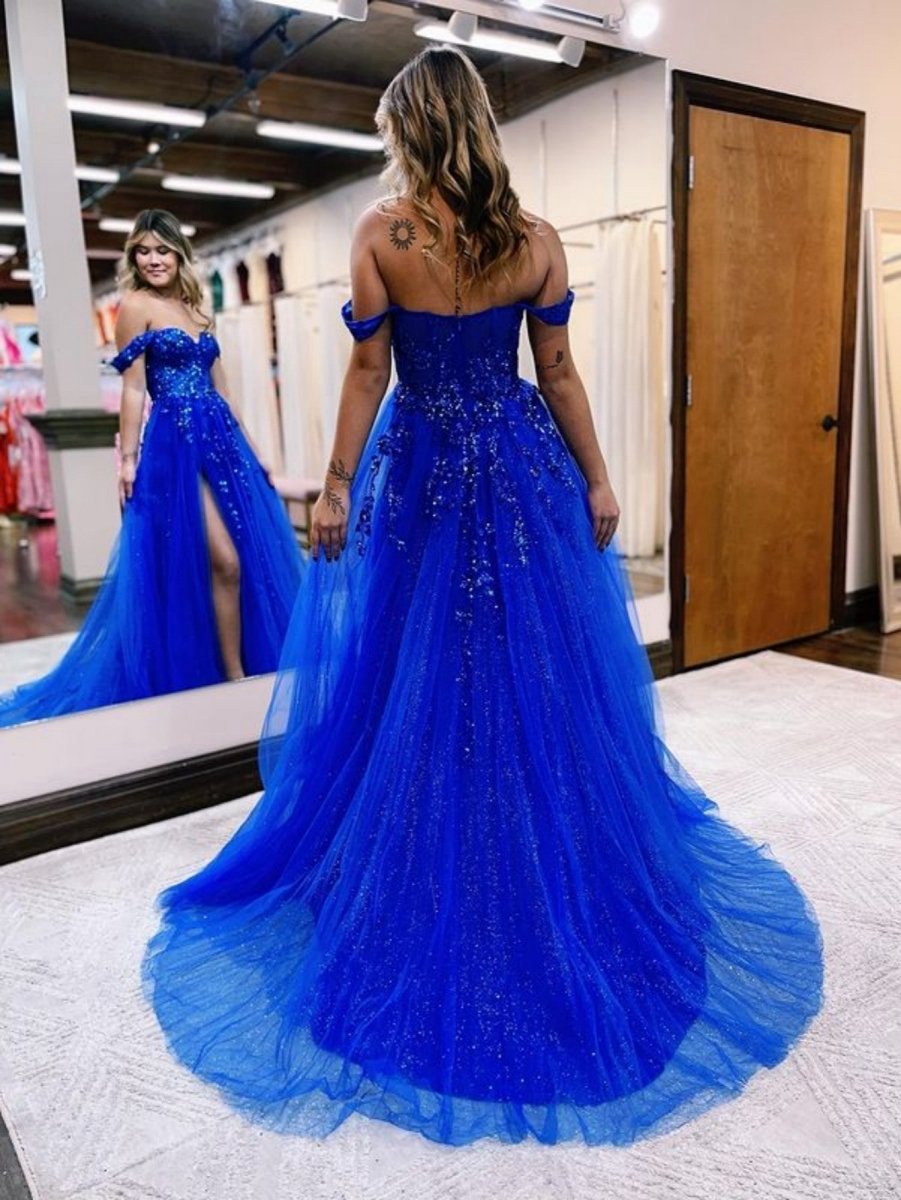 A-line Off the Shoulder Lace Tulle Prom Dresses with Slit