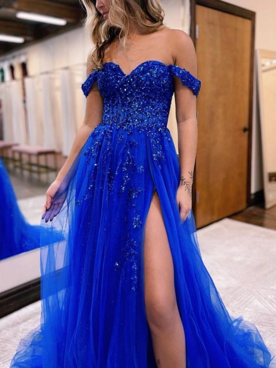 A-line Off the Shoulder Lace Tulle Prom Dresses with Slit