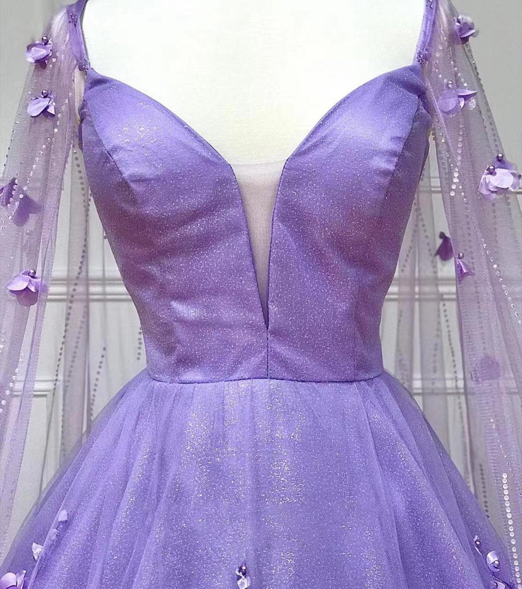 3D Floral Lace A-line Prom Dresses with Cape Sleeves