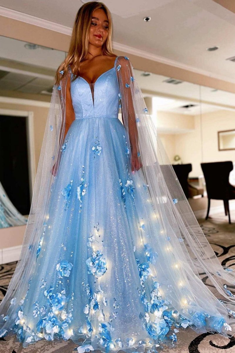 3D Floral Lace A-line Prom Dresses with Cape Sleeves