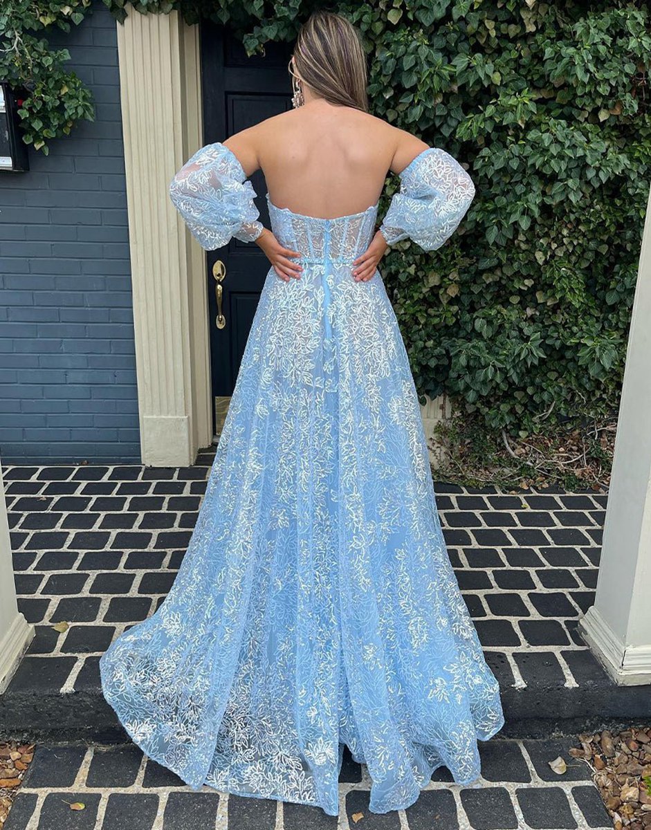 A-line Sweetheart Lace Prom Dresses with Sleeves