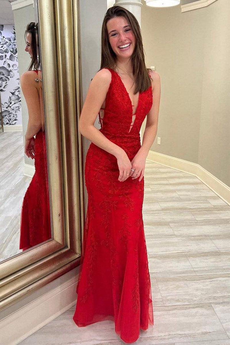 Mermaid Plunge V Neck Lace Prom Dresses
