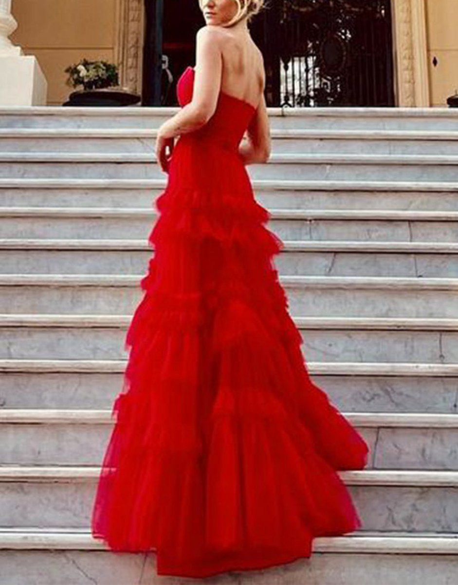 A-line Strapless Ruffled Tulle Prom Dresses