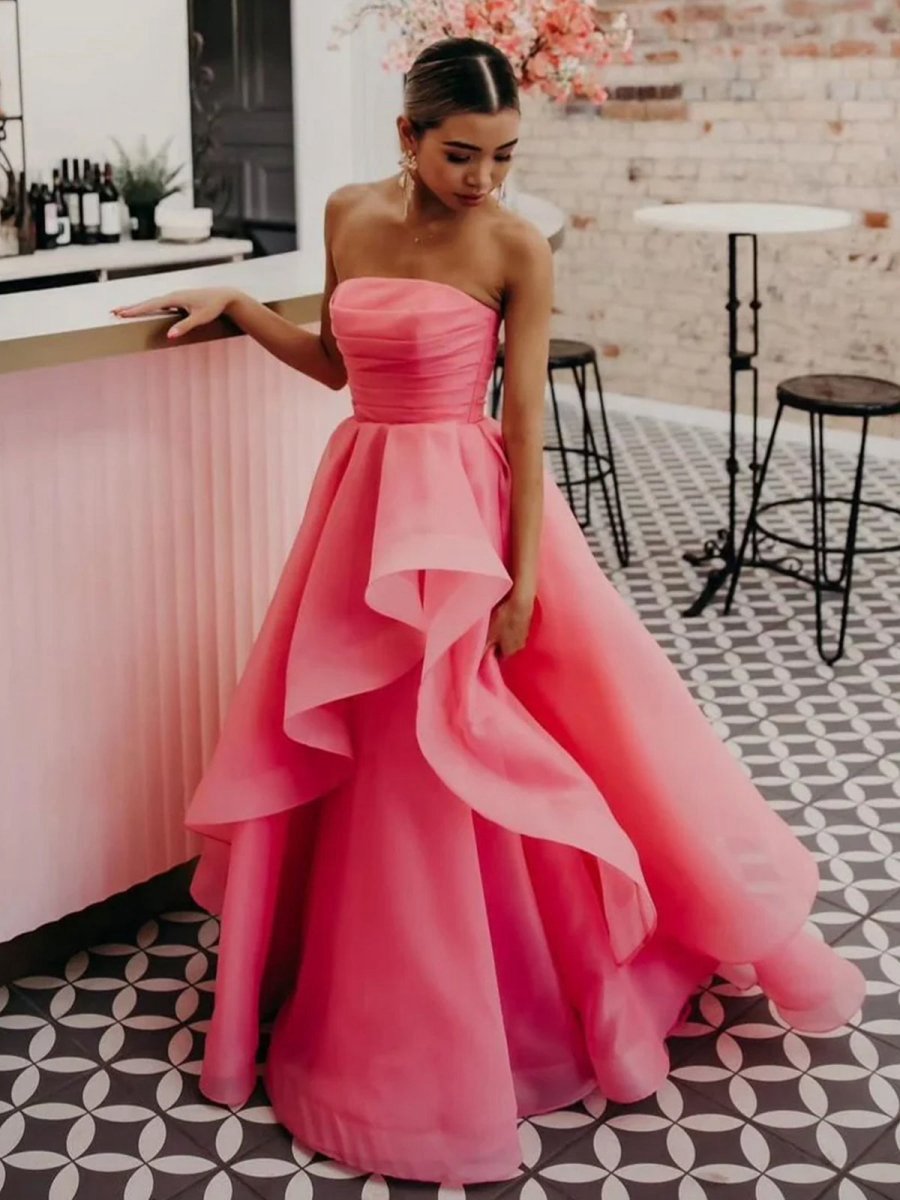 A-line Strapless Organza Prom Dresses