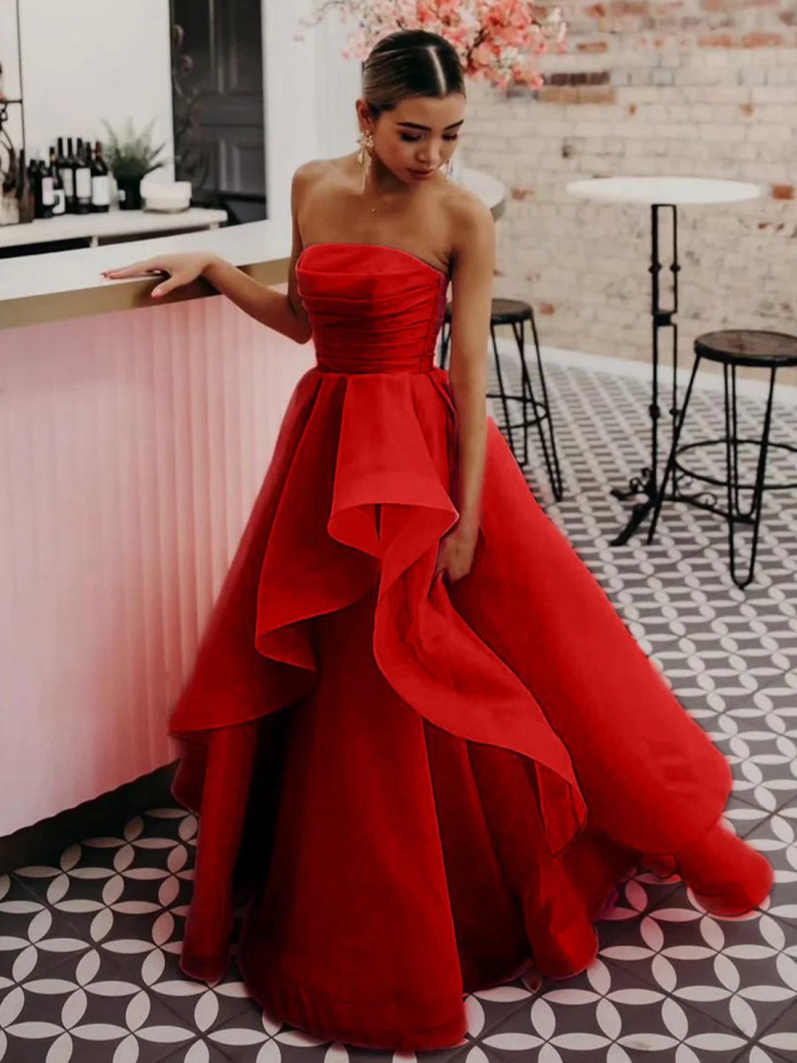 A-line Strapless Organza Prom Dresses