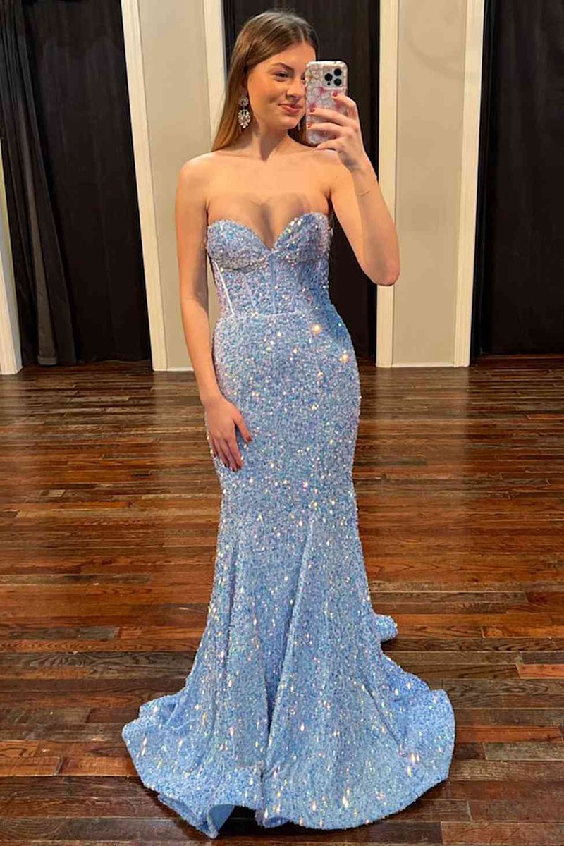 Sweetheart Mermaid Sequin Long Prom Dresses